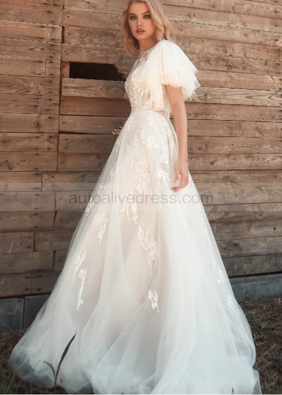 Flutter Sleeves Ivory Lace Tulle Garden Wedding Dress